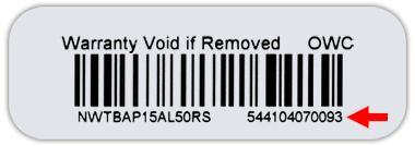 OWC product label with an arrow pointing to the serial number beneath the barcode